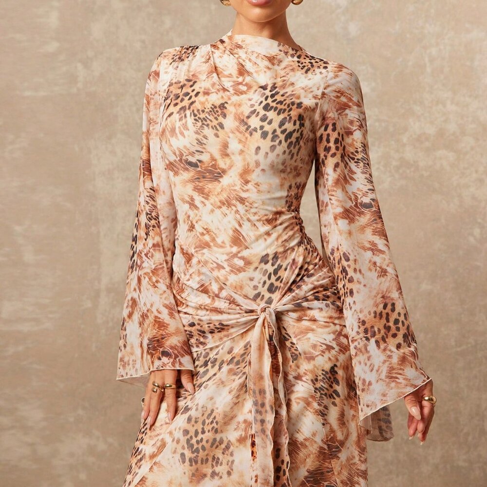 Multicolor Casual Women's Tie-Dye Leopard Print Mesh V-Neck Dress - Picture 6 of 7